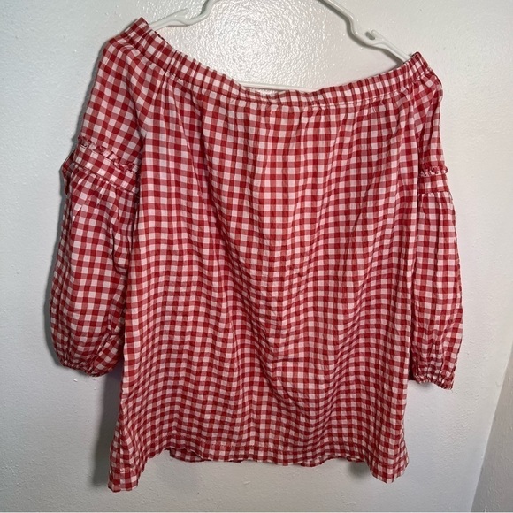 Max Studio Off Shoulder Blouse Red White Gingham - Picture 9 of 13